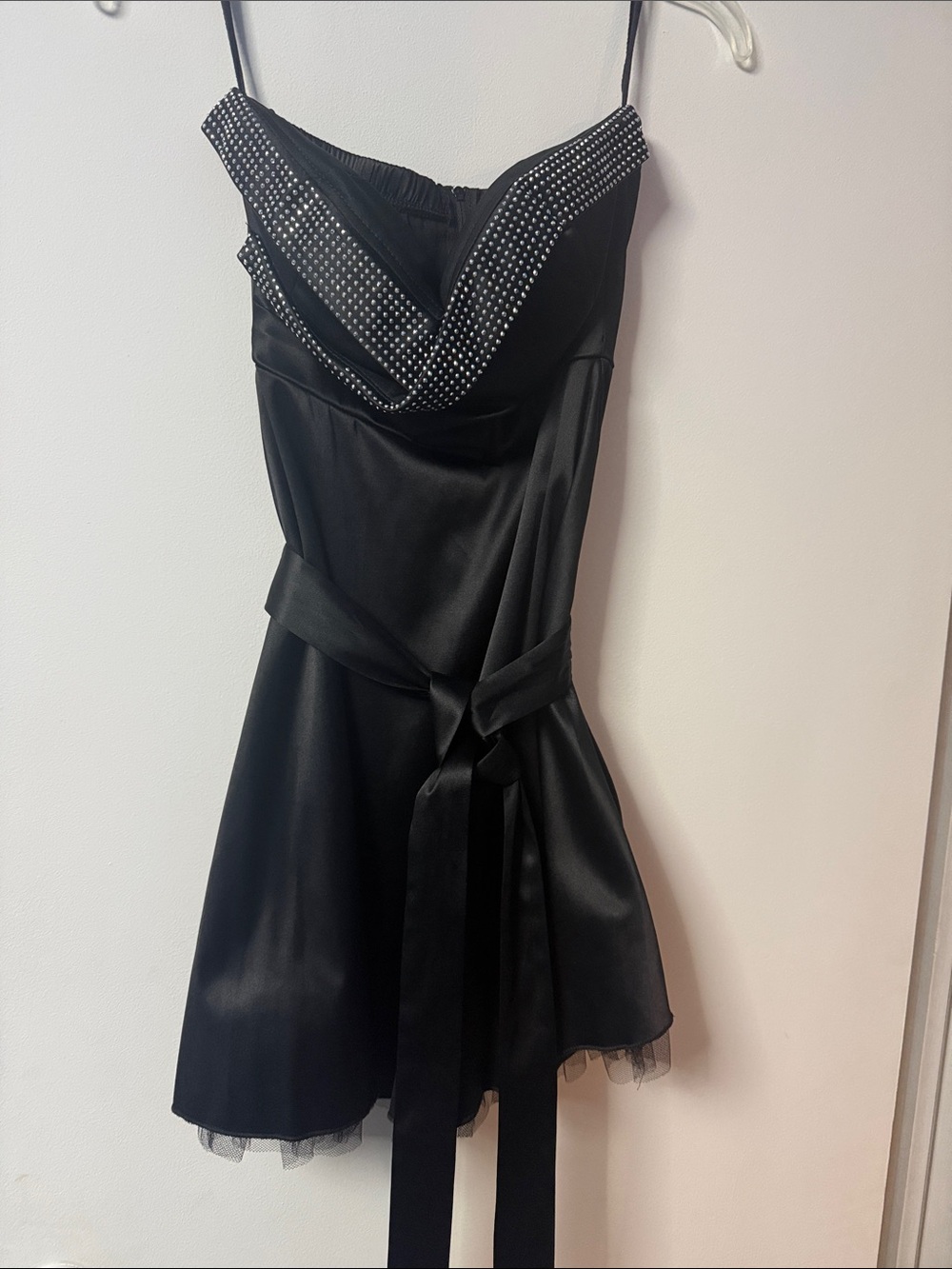 Ruby Rox Black Satin Strapless Dress with Studded V-Neck